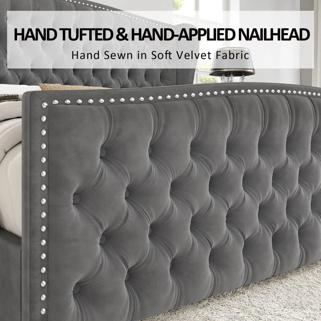 VANACC Queen Size Bed Frame, Velvet Upholstered Bed with Deep Button Tufted Wingback Headboard��Grey