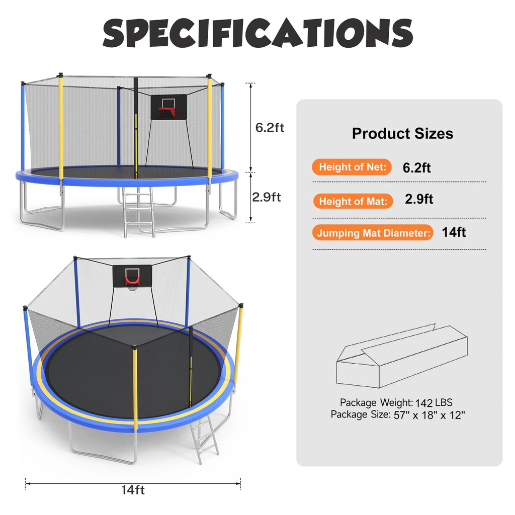 SHINPT 14ft Trampoline for Kids, Outdoor Trampoline with Net, Big Trampoline with Basketball Hoop and Ladder, Heavy Duty Trampoline with No-gap Design, Backyard Trampolines for Adult