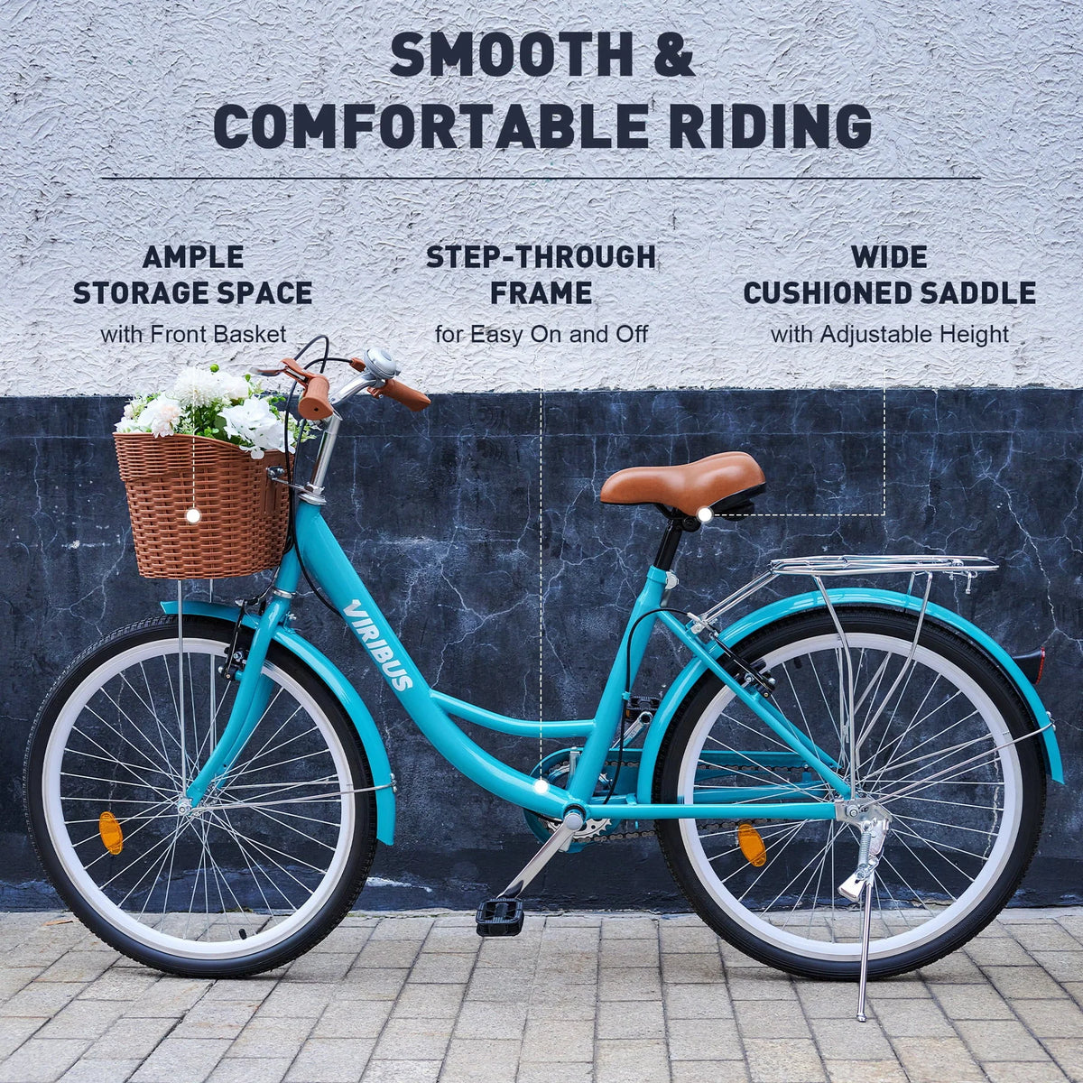 Viribus Women's Comfort Bike 24 Inch Hybrid Bike with Carbon Steel Frame V Brakes Teal