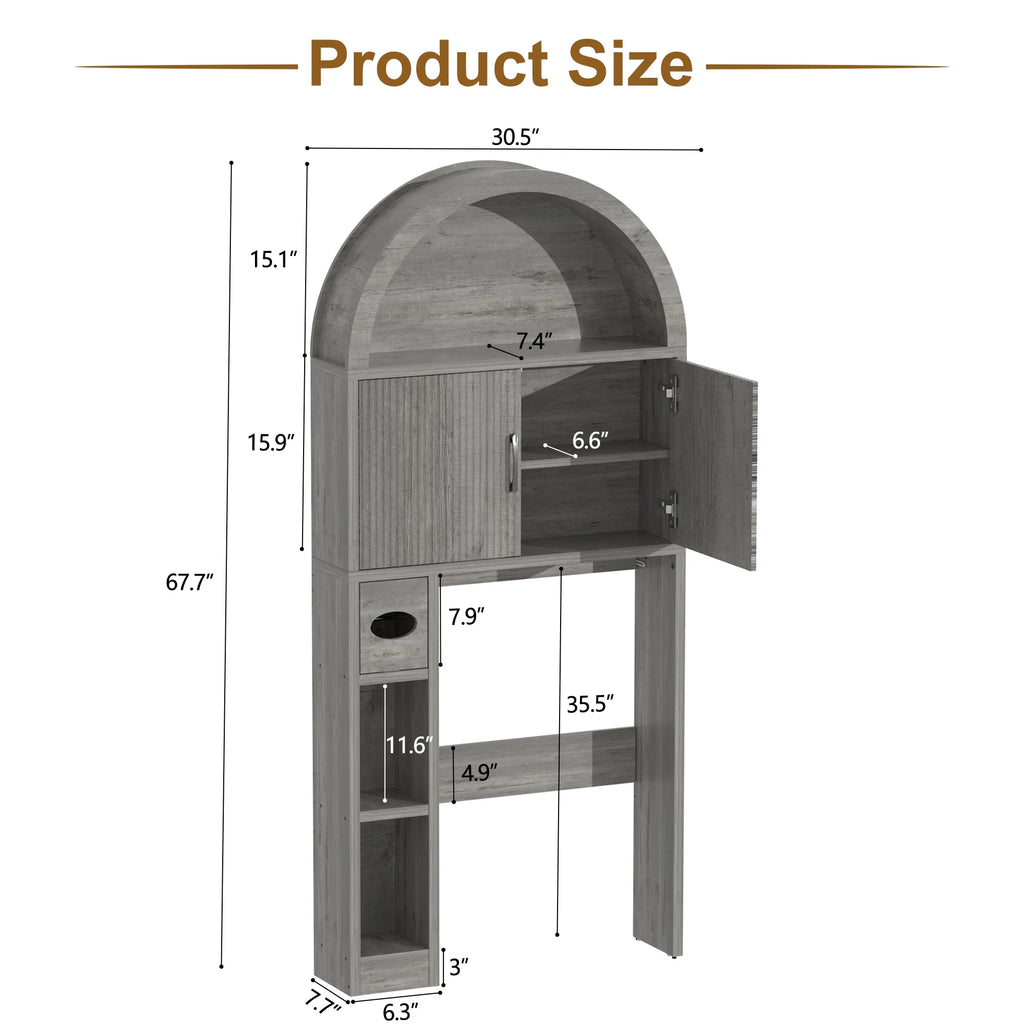 HARIPUL Over The Toilet Storage Cabinet w/ Unique Wood Grain & Arc Design, Freestanding Bathroom Shelf Organizer Space Saver w/ Doors & Anti-Tip Device, Wood Color