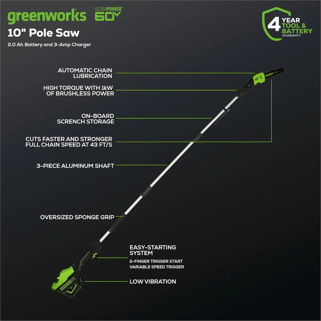 Greenworks 60V 10" Brushless Cordless Pole Saw, 14.5 Ft. Reach, 2.0Ah Battery & Charger