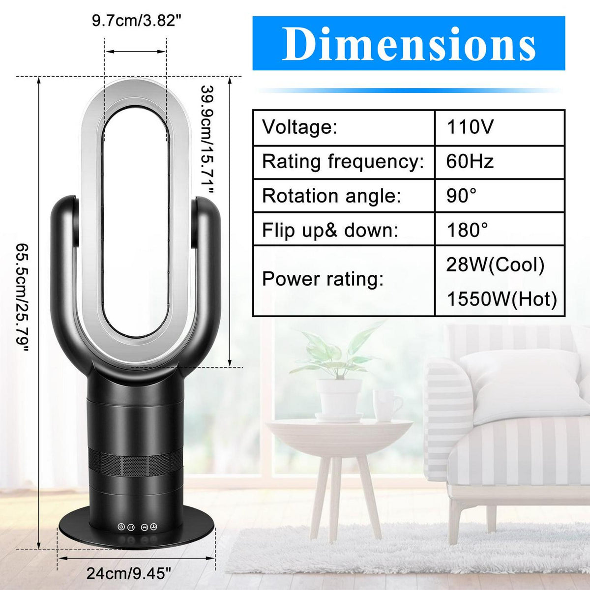 Dubbin 26 inch Space Heater Bladeless Tower Fan. Heater and Cooling Combo. with Remote Control. Black