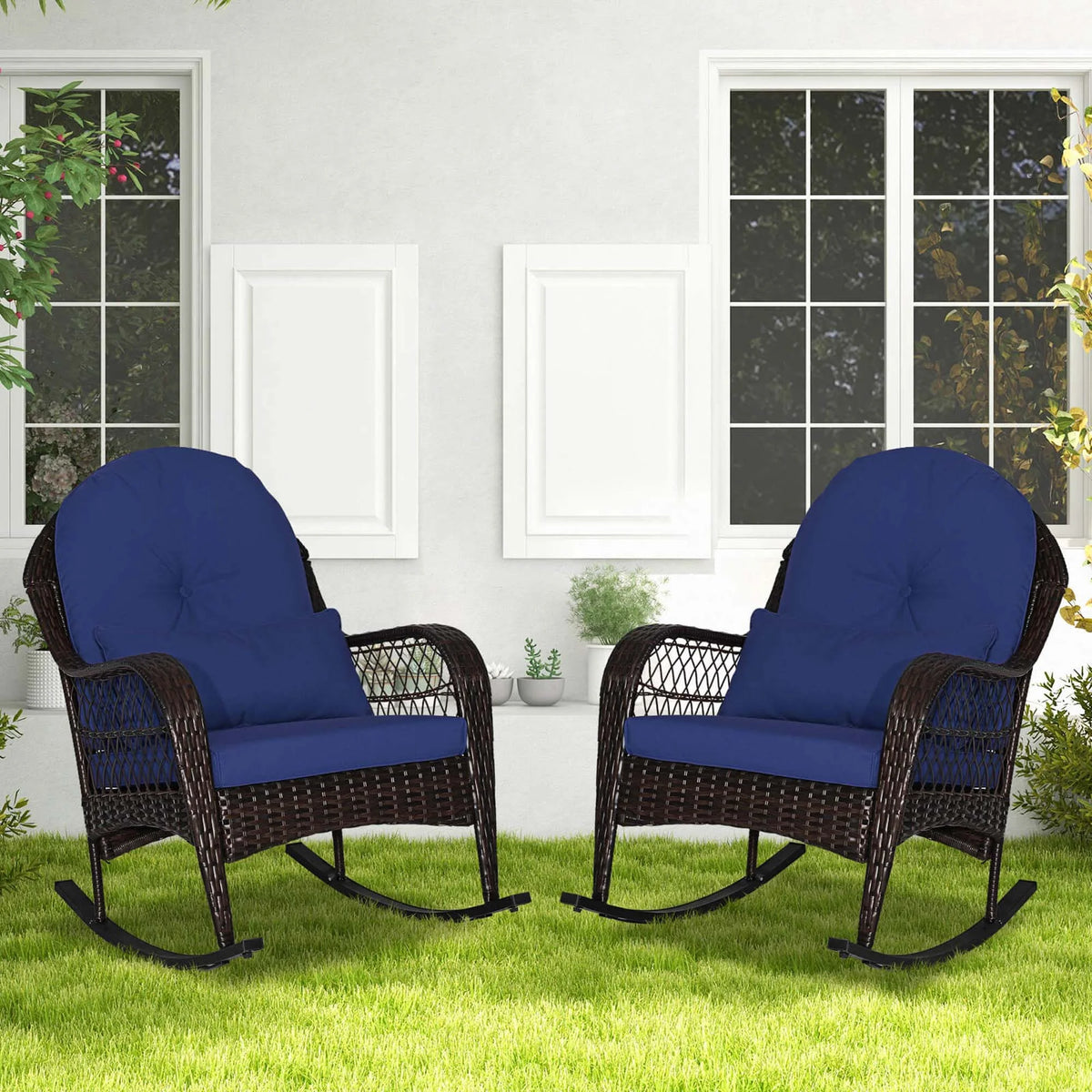 Costway Patio Wicker Rocking Chair W/Seat Back Cushions & Lumbar Pillow Porch Off White