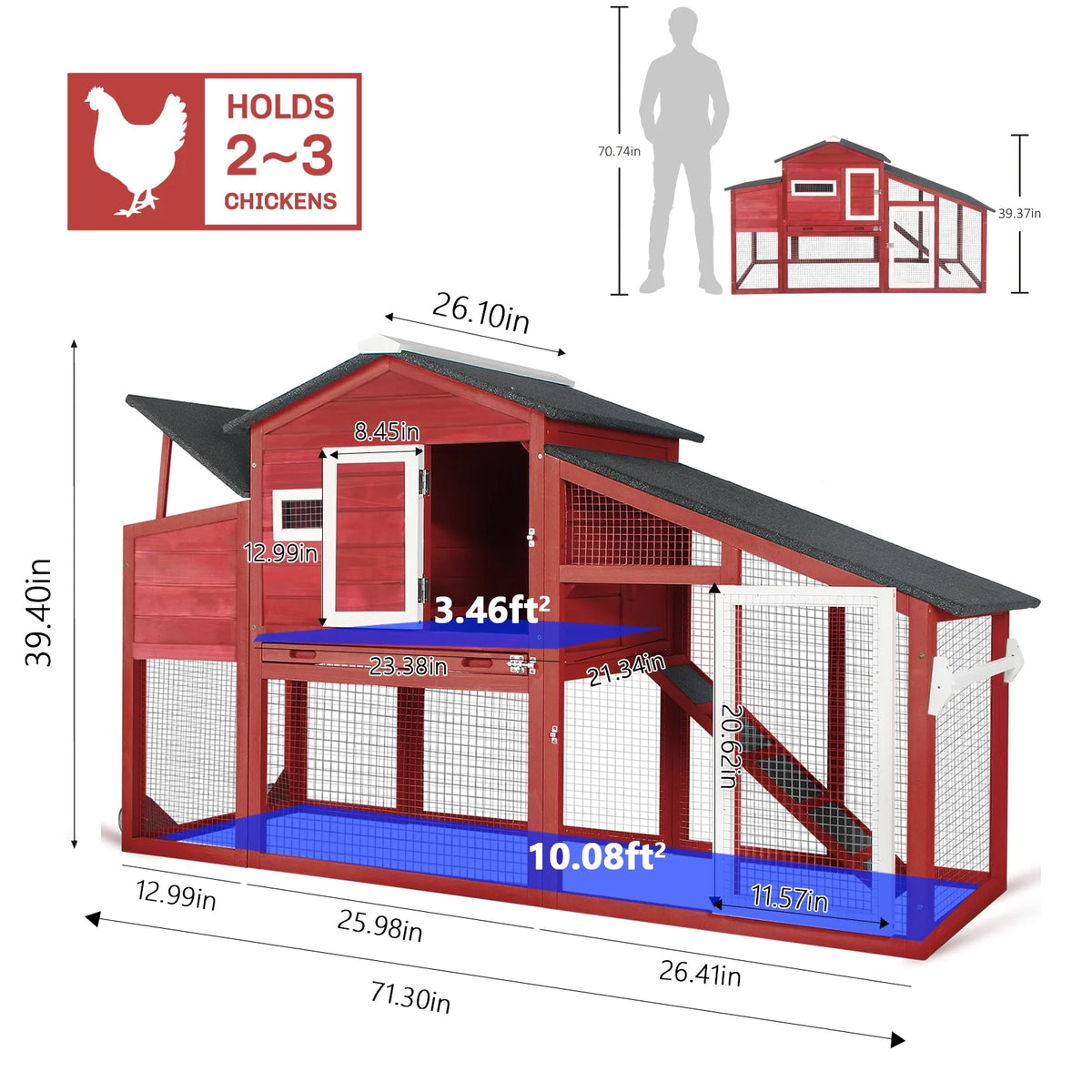PETSCOSSET Chicken Coop with Run Large Wooden Chicken Tractor with Wheels Waterproof Outdoor Hen House Poultry Cage, Gray