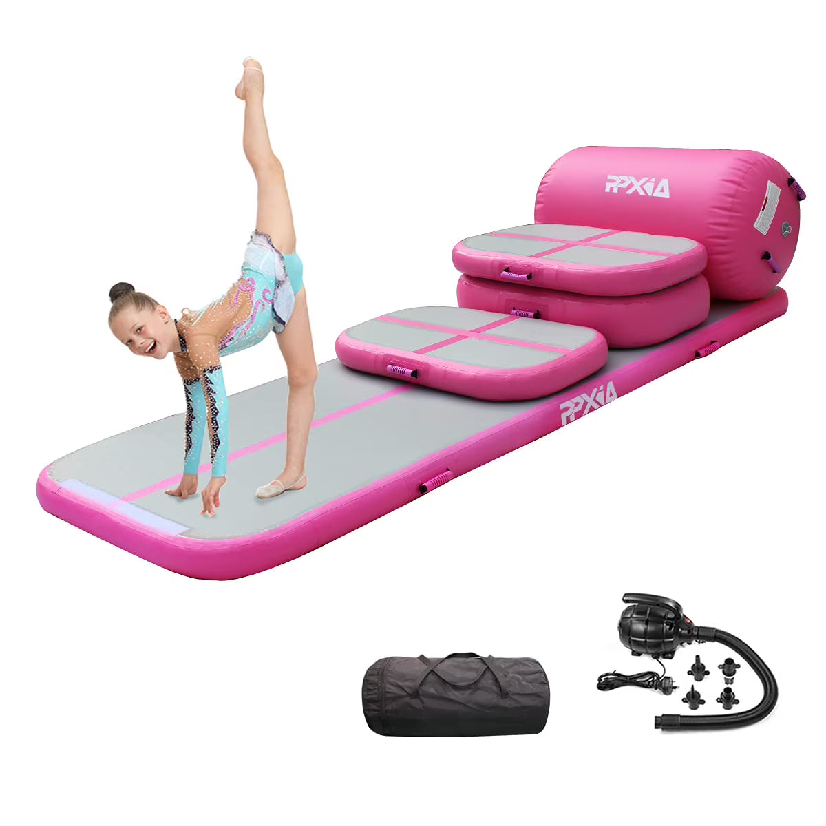 Gymnastics Mat Set 10FT Inflatable Tumbling Mat, 39*24 inch Air Roller Gymnastics Barrel and 3 Air Block with 800W Air Pump for Training Cheerleading Home Use Yoga and Water Use