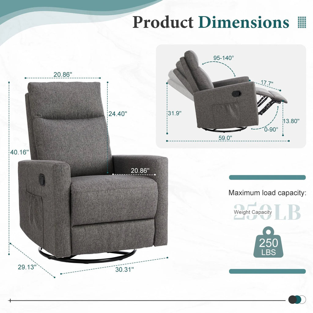 Recliner Message Chair with Footrest, Swivel Rocking Glider, High Back Upholstered Deep Seat for Living Room, Grey