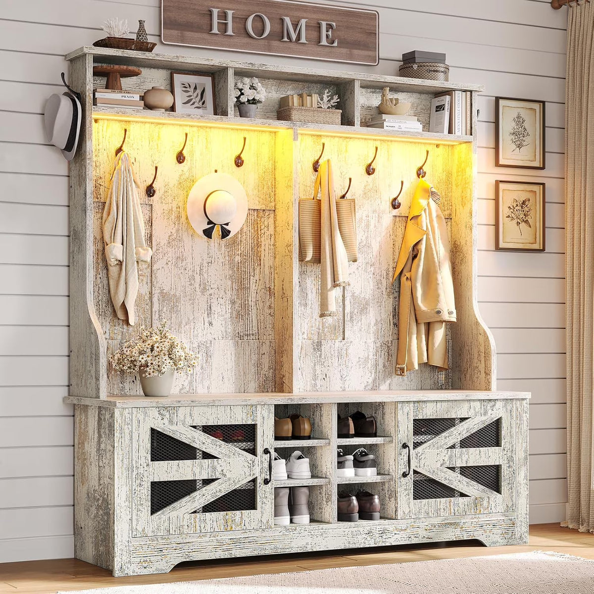 Hall Tree with Coat Rack and 16 Shoe Cubbies, 5-in-1 Entryway Bench with Bench and Shoe Storage, Barn Door & Adjustable Shelf, Embossed White