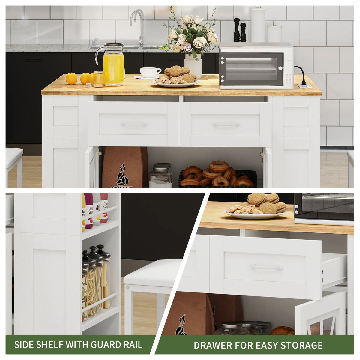 Uforic Kitchen Island Table with Seating & Drop Leaf, Kitchen Island with Storage & Wheels, Off-White