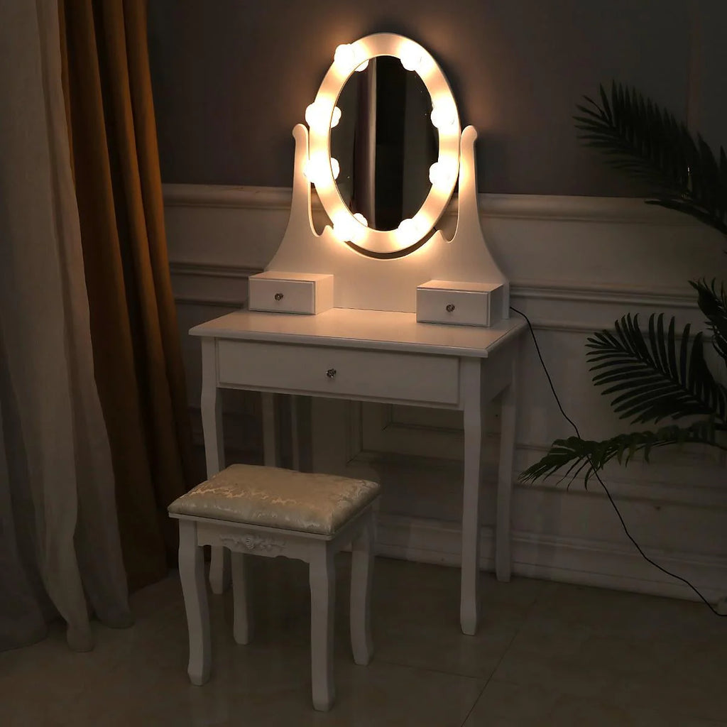 Ktaxon Makeup Vanity Table Set Mirror with LED Lights Dressing Table and Stool Set,Bedroom Vanities Tables with Benches