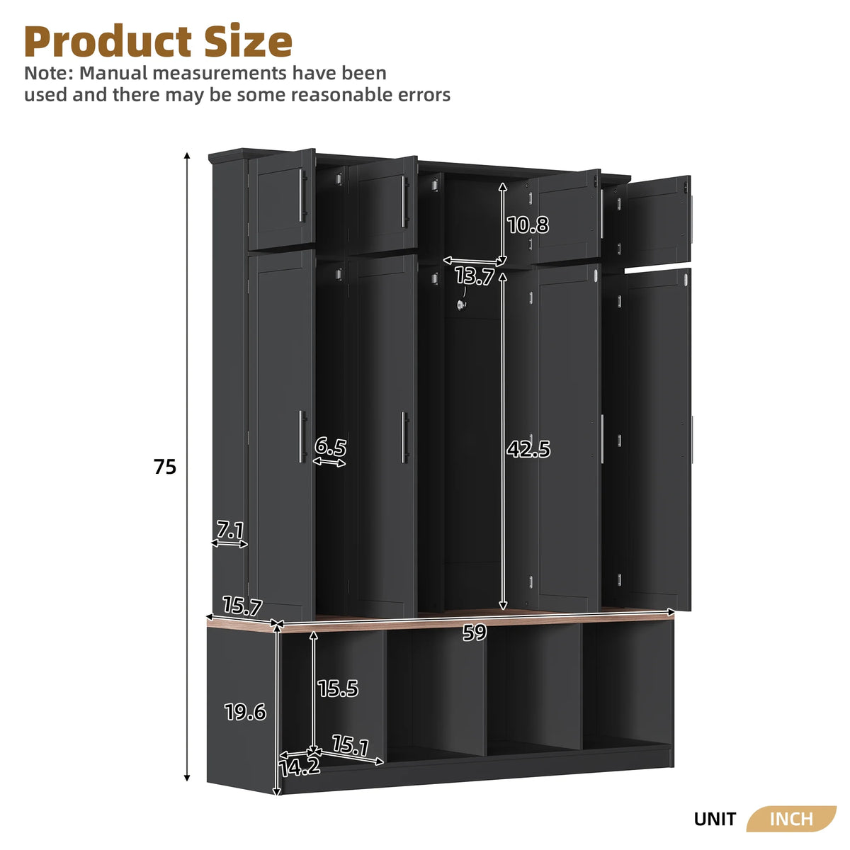 Euroco Entryway Hall Tree with Bench, Shoe Storage, Coat Hooks & Cabinets �C Walnut Finish, Anti-Tip Design, Modern Mudroom Organizer