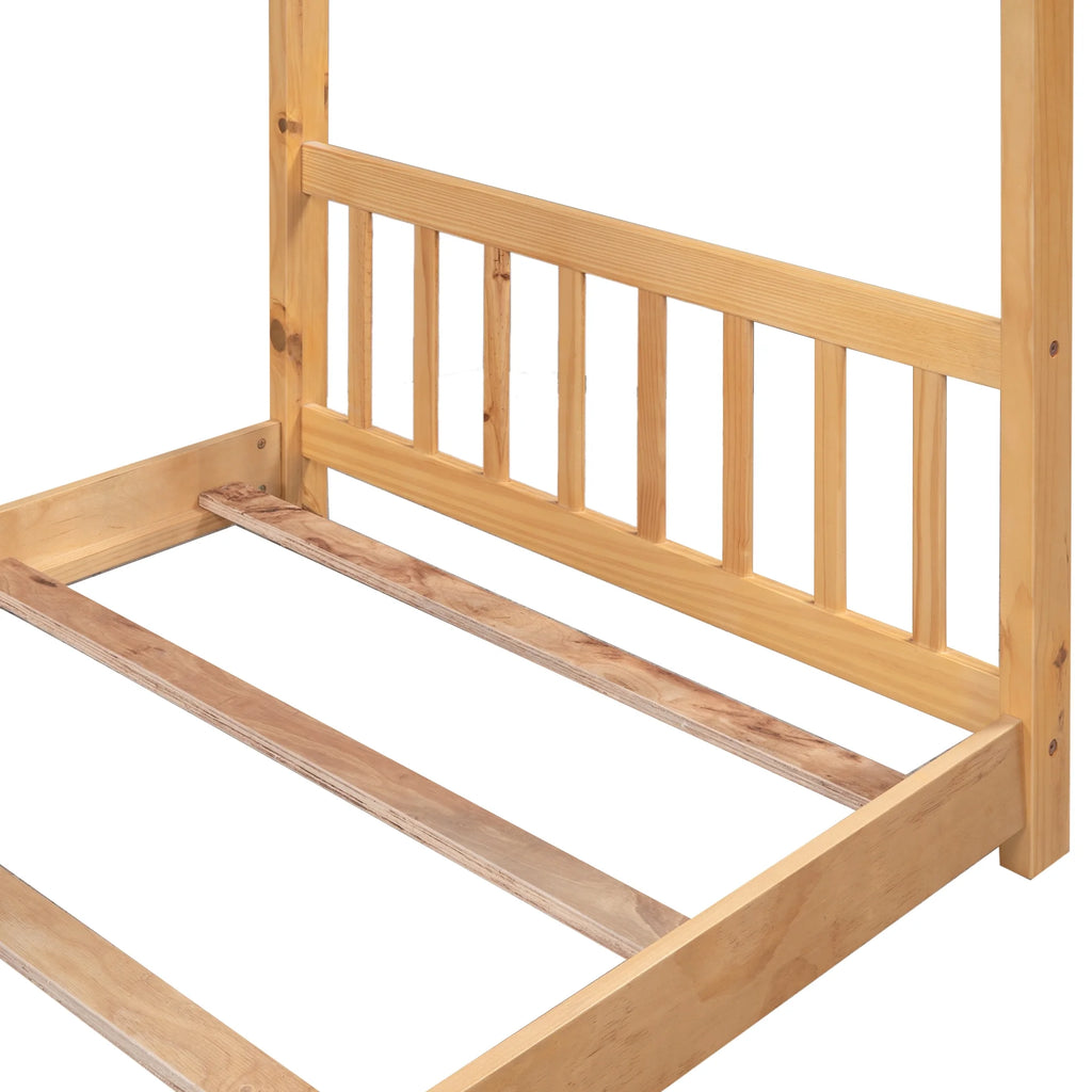Euroco Wood House-Shaped Twin Platform Bed for Kids, Low Profile House Bed, No Box Spring Needed, Wood Color