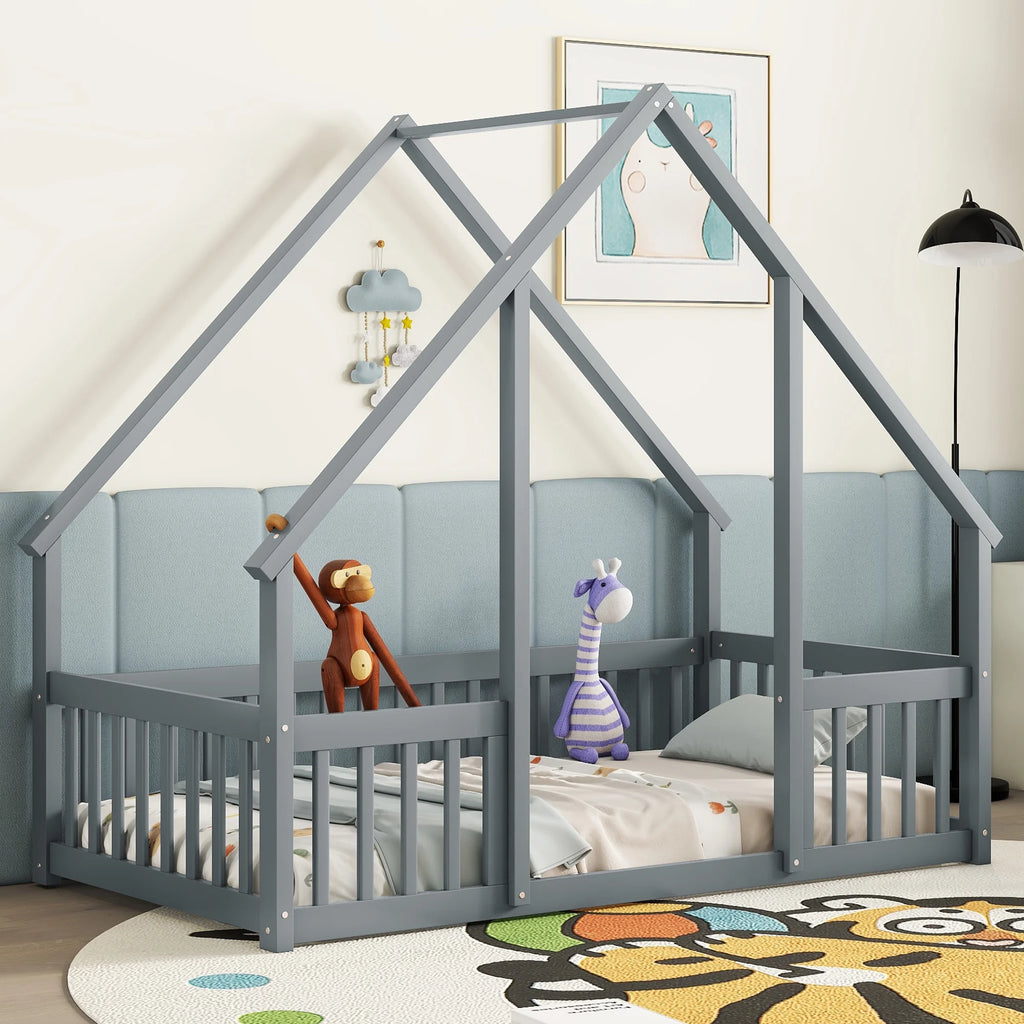 Bellemave Twin Size Floor Bed Frame, Wooden House Bed Twin Size with Fence, Montessori Bed with Guardrails for Bedroom (White)