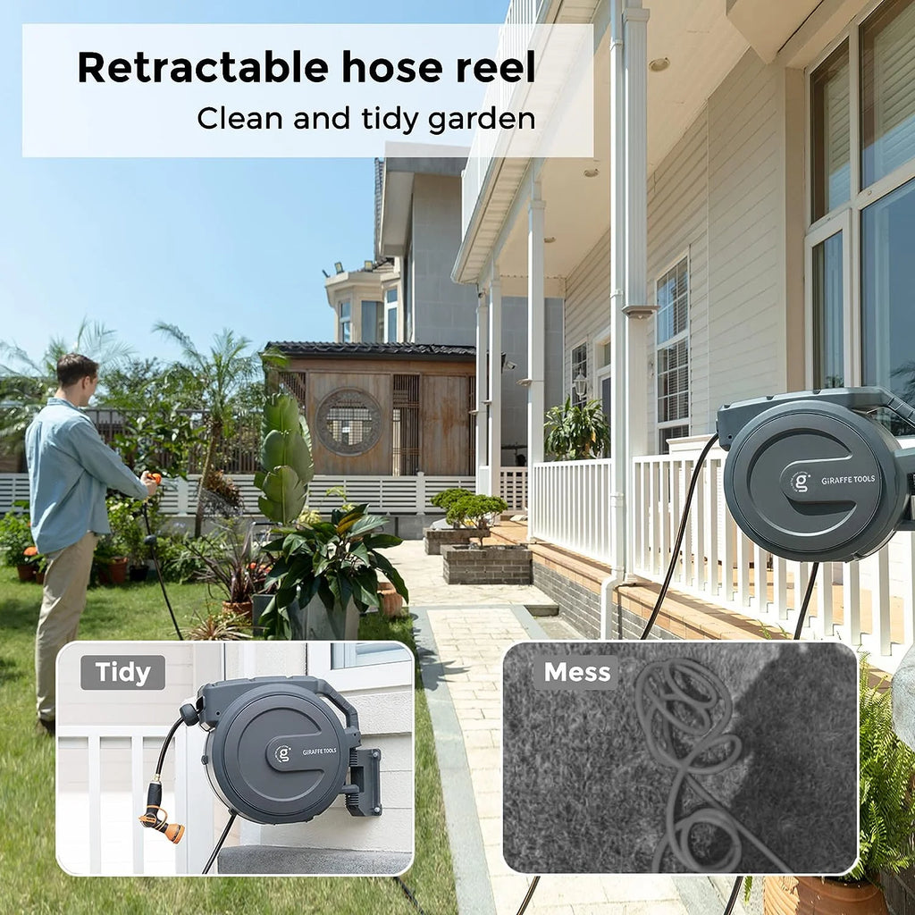 Giraffe Tools Retractable Garden Hose Reel with 1/2in-100ft Water Hose, Plastic Bracket, Wall Mounted, Dark Grey