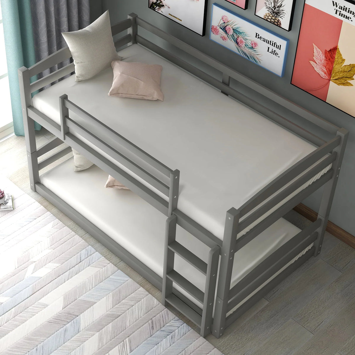 Merax Twin Over Twin Floor Bunk Beds with Ladder and Guardrail, Gray