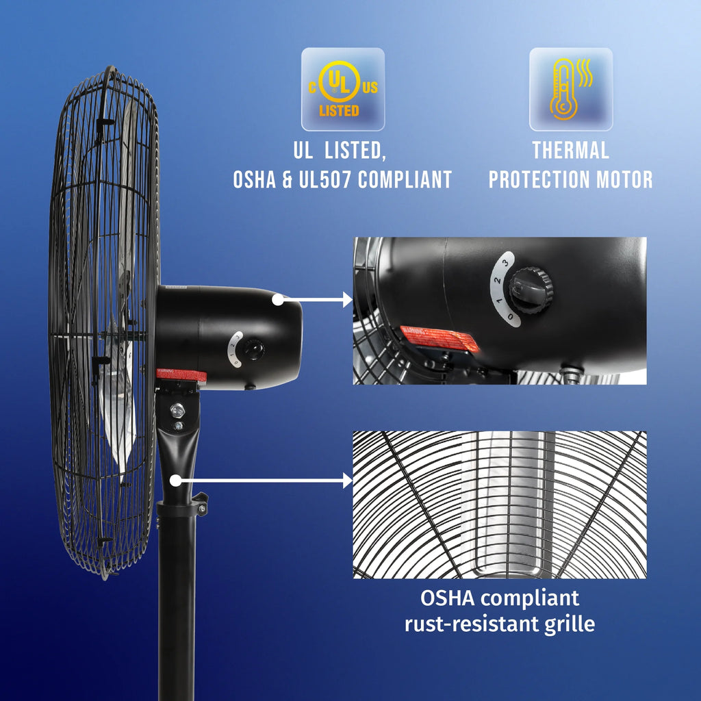 Tornado - 20 Inch High Velocity Metal Oscillating Pedestal Fan - Commercial, Industrial Use Water-Resistant