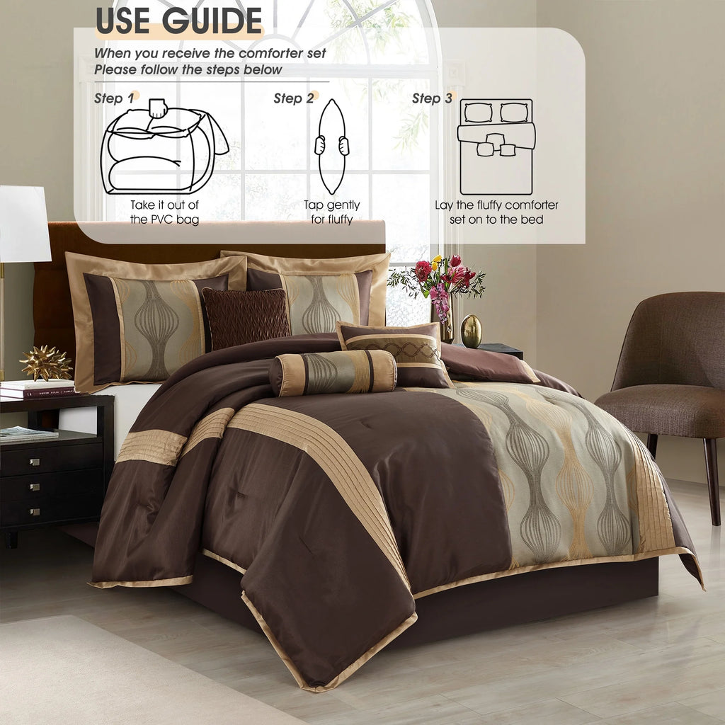 Lanco Elegant Black and Gold Comforter Set,Striped, 7 Pieces Jacquard Bedding Sets with Comforter for All Season, Bed Skirt, Pillows & Shams, Queen Size, Lightweight Microfiber