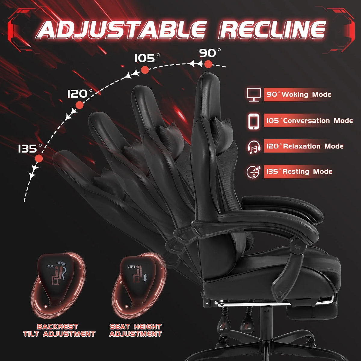 Lacoo PU Leather Gaming Chair Massage Ergonomic Gamer Chair Height Adjustable Computer Chair with Footrest & Lumbar Support, White