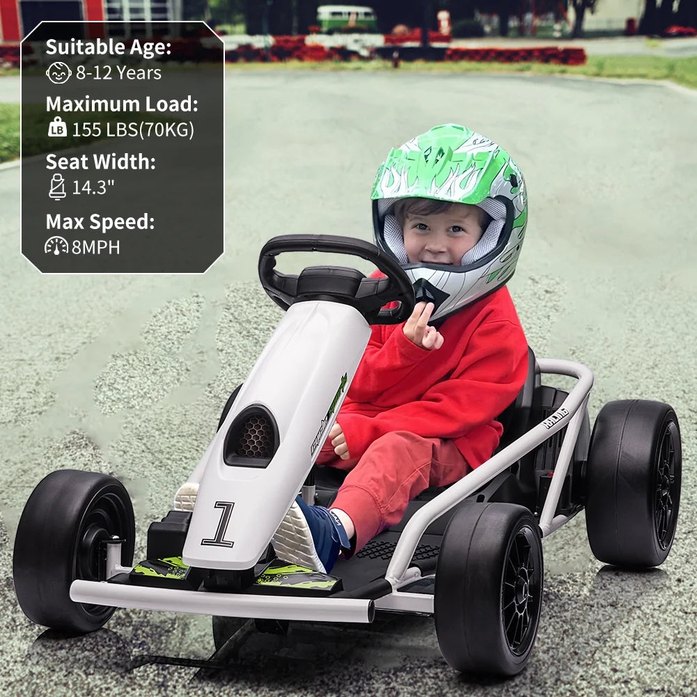Geetinfly Go Kart for Kids,24V Battery 300WX2 Motors Pedal On Foot Go Cart,8MPH High Speed Drifting Car with Slow Start Function,Music,White