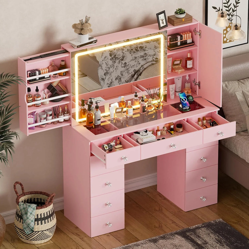 PAKASEPT Vanity Set with Lighted Mirror, Large Vanity Desk with Charging Station, Makeup Vanity Table with 11 Drawers & Hidden Sliding Storage Cabinet & Visible Glass Tabletop for Bedroom (White)