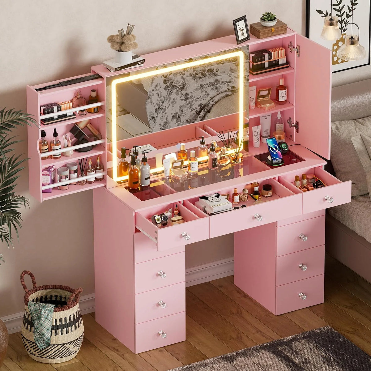 PAKASEPT Vanity Set with Lighted Mirror, Large Vanity Desk with Charging Station, Makeup Vanity Table with 11 Drawers & Hidden Sliding Storage Cabinet & Visible Glass Tabletop for Bedroom (White)