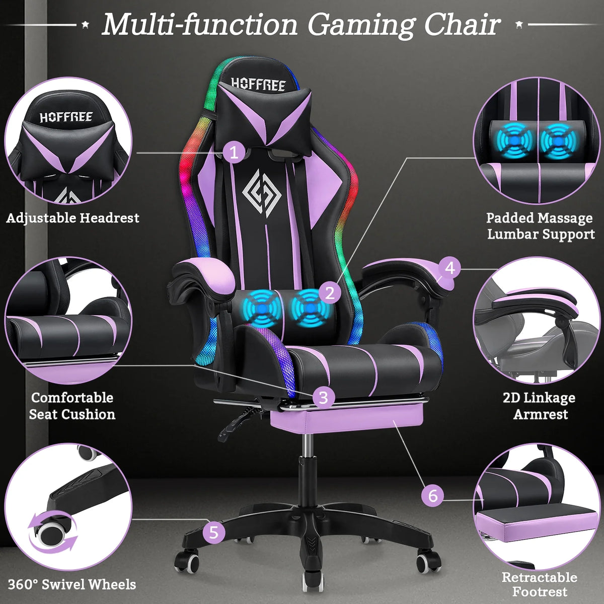 Hoffree Gaming Chair with Bluetooth Speakers and Footrest Massage Office Chair with LED Lights Ergonomic Game Chair High Back with Lumbar Support and Headrest Adjustable Swivel for Adults 300lb