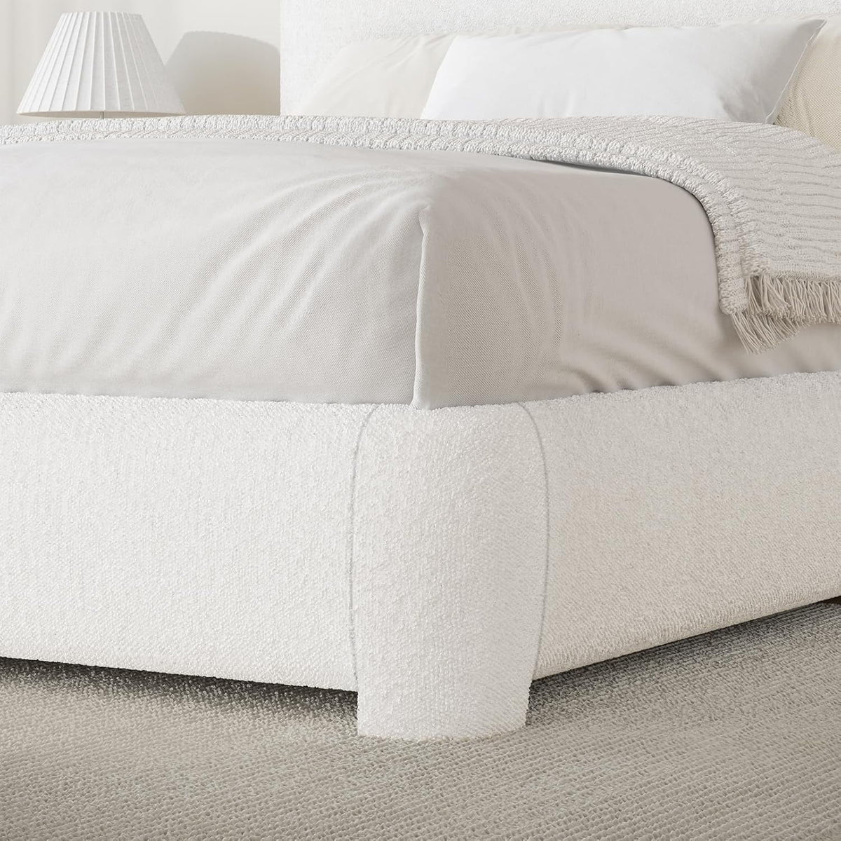4 EVER WINNER Twin Size Bed Frame, Modern Bed Frame with Headboard, Boucle Fabric Upholstered Bed Frame, Soft Curved Headboard, Cream