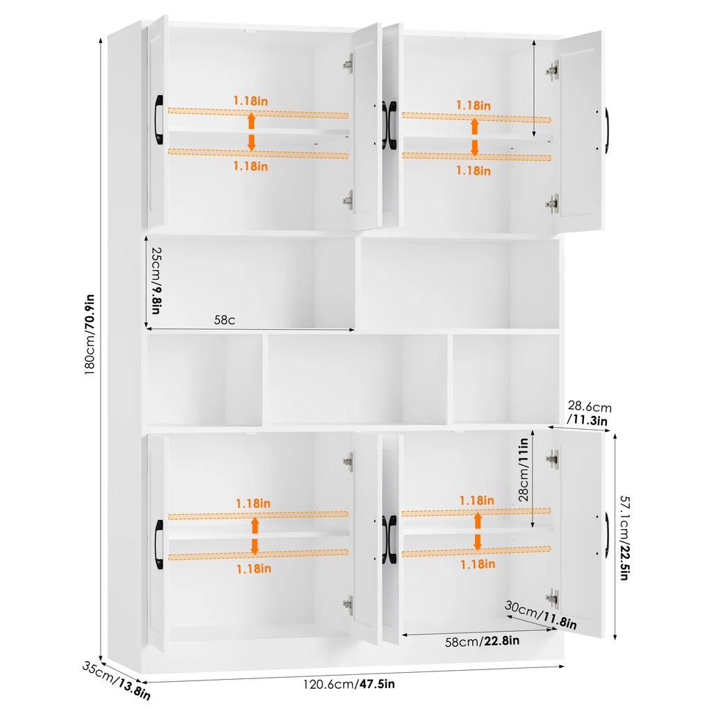Homfa 8 Door Pantry Cabinet with Adjustable Shelves��71��H Storage Cabinet with Open Cubes for Kitchen, Dining Room, White