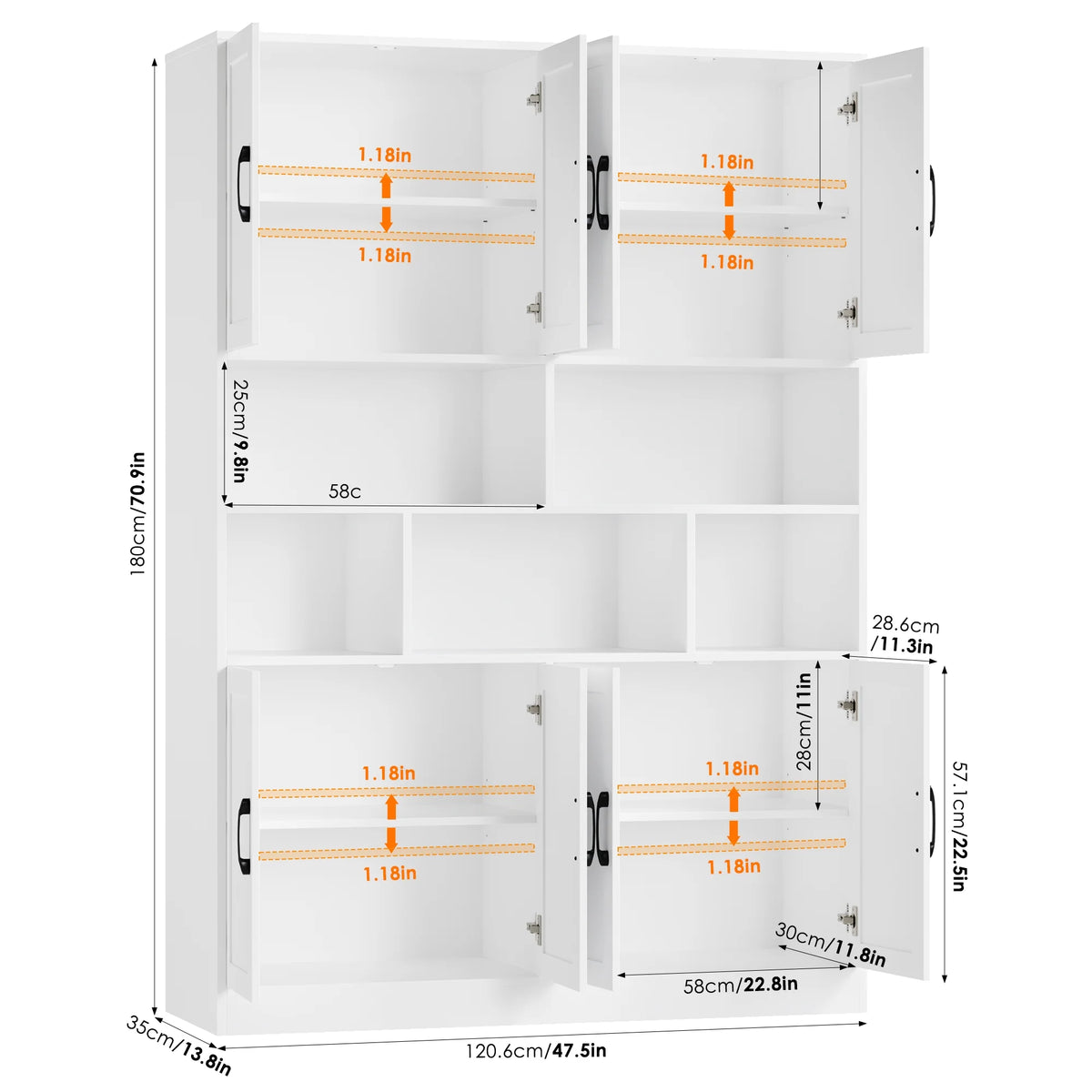 Homfa 8 Door Pantry Cabinet with Adjustable Shelves��71��H Storage Cabinet with Open Cubes for Kitchen, Dining Room, White