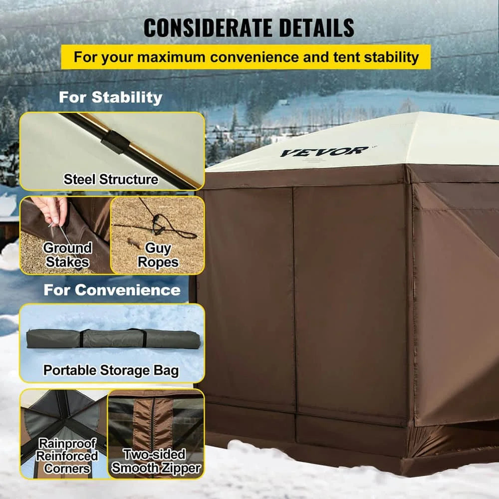 Topcobe 12*12ft Camping Screen Tent, 6 Sided Pop-up Canopy Shelter Tent with Mesh Windows, Large Shade Tents for Outdoor Camping, Lawn and Backyard, Portable Carry Bag