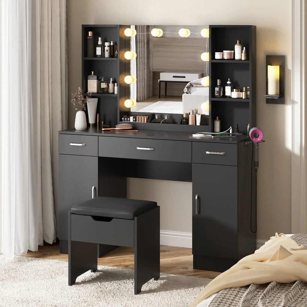 VEANERWOOD Large Makeup Vanity Set with Light Modern Makeup Vanity Table with Storage and Adjustable Lighting Colors for Bedroom 45.2in, White