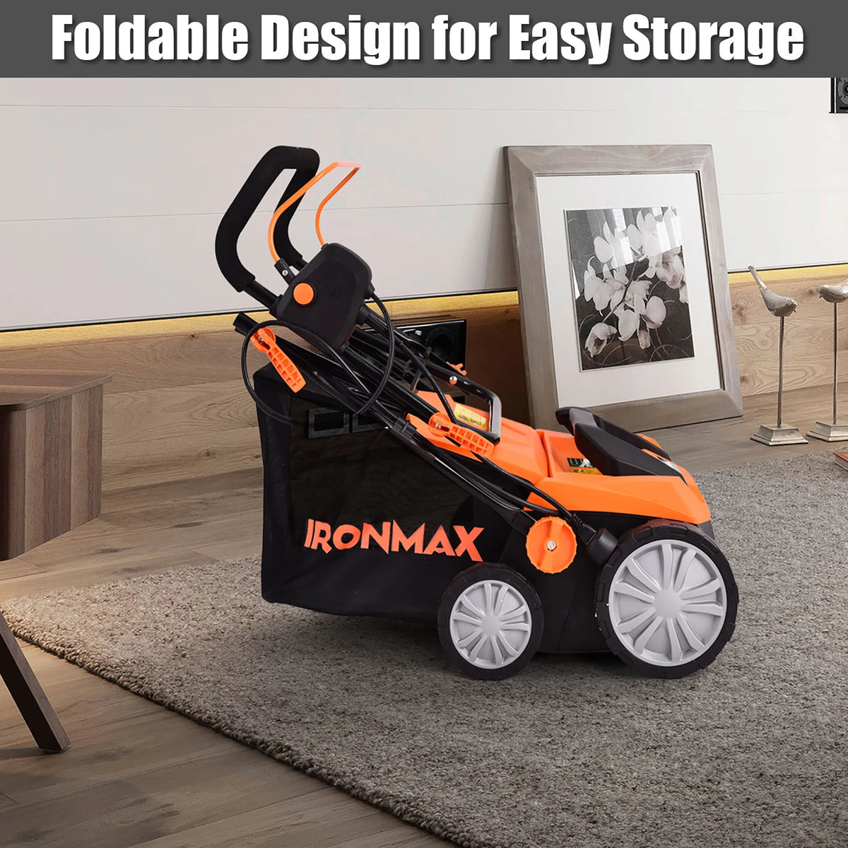 IronMax 13Amp Corded Scarifier 15" Electric Lawn Dethatcher w/50L Collection Bag Orange