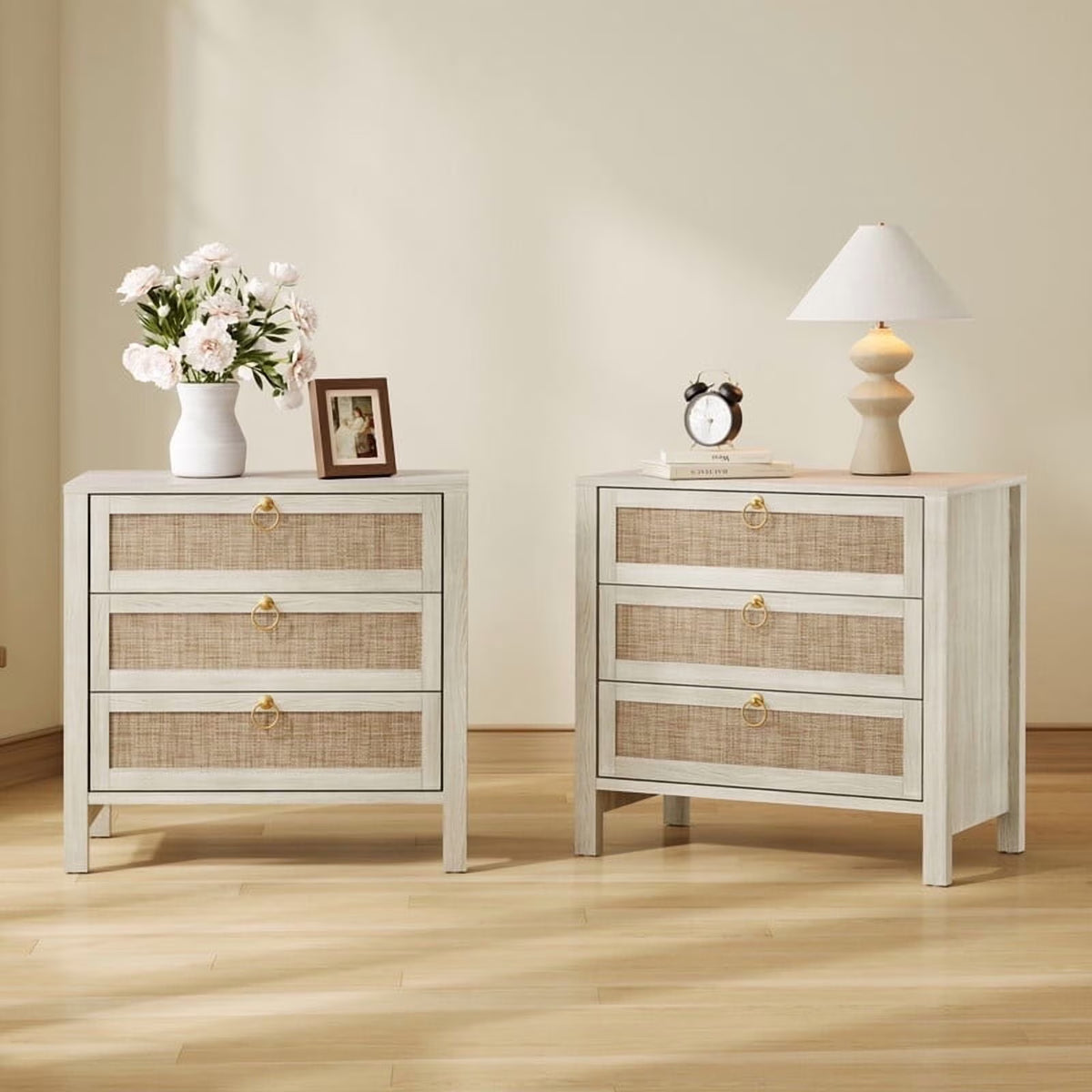 Surmoby Oak Boho 3-Drawer Nightstand Set of 2 - Extra Wide Storage Night Stand with Gold Handles Large&Tall Bed Side Table for Bedroom Living Room Enterway