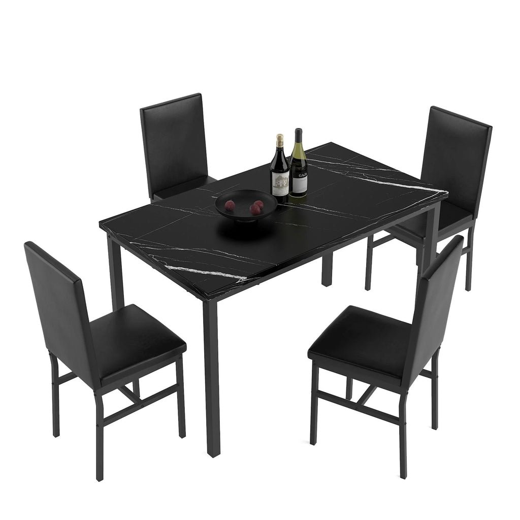 5 Piece Dining Set, Modern Dining Table and Chairs Set for 4, Counter Height Bar Table Set, Modern Pub Table with 4 Velvet Fabric Cushioned Stools, Faux Marble Dining Table & Stools Set, D9297