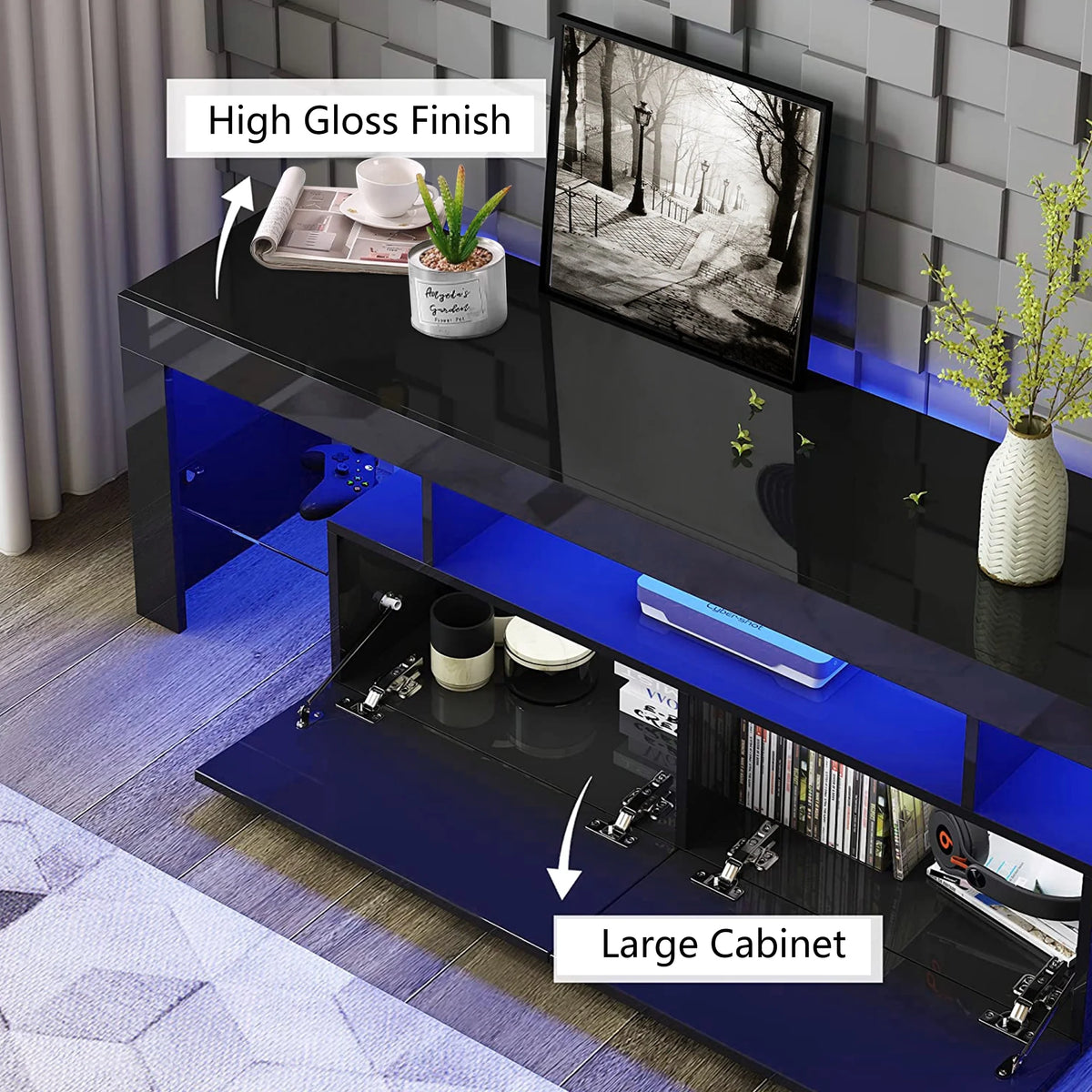 UHOMEPRO TV Stand for TV up to 70", Living Room Entertainment Center with RGB LED Lights and Storage Shelves Furniture, White High Gloss TV Cabinet Console Table