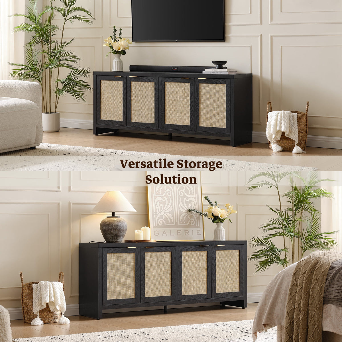 SICOTAS 61.5"W Rattan TV Stand with 4 Doors, Boho Entertainment Center with Adjustable Shelves & Spacious Countertop �C Large Boho Farmhouse Media Console for Living Room, Reclaimed Caramel Oak