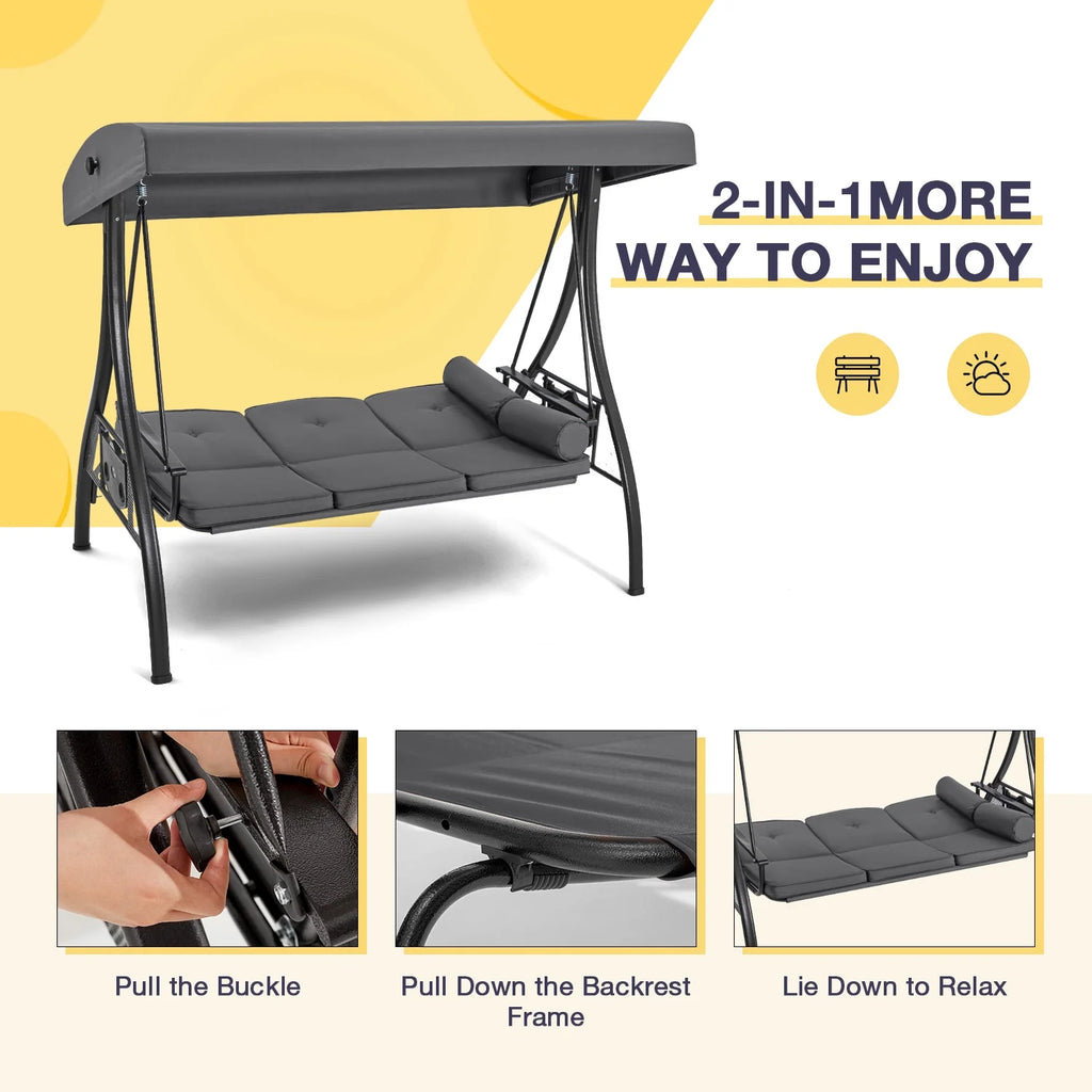 Homrest 3 Person Patio Outdoor Porch Swing with Adjustable Canopy, Backrest, Swing Bed with Stand for Garden,Deck