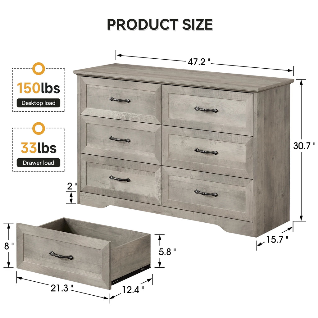 Homhougo White Dresser for Bedroom 6 Drawer, Wood Organizer Storage Cabinet with Gray Strip Drawer Door, Chest of Drawers for Closet, Living Room, Hallway, Nursery, Kids Bedroom