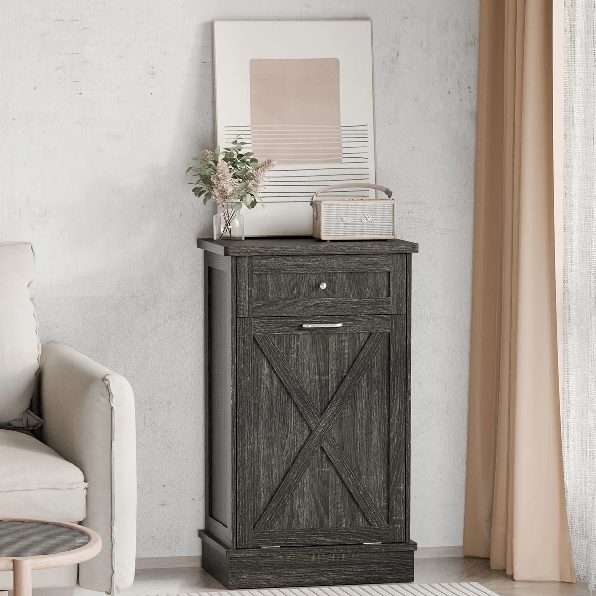 Tolead Double Tilt Out Trash Cabinet, Wooden Free Standing Laundry Sorter Cabinet, with Hideaway Drawer, White