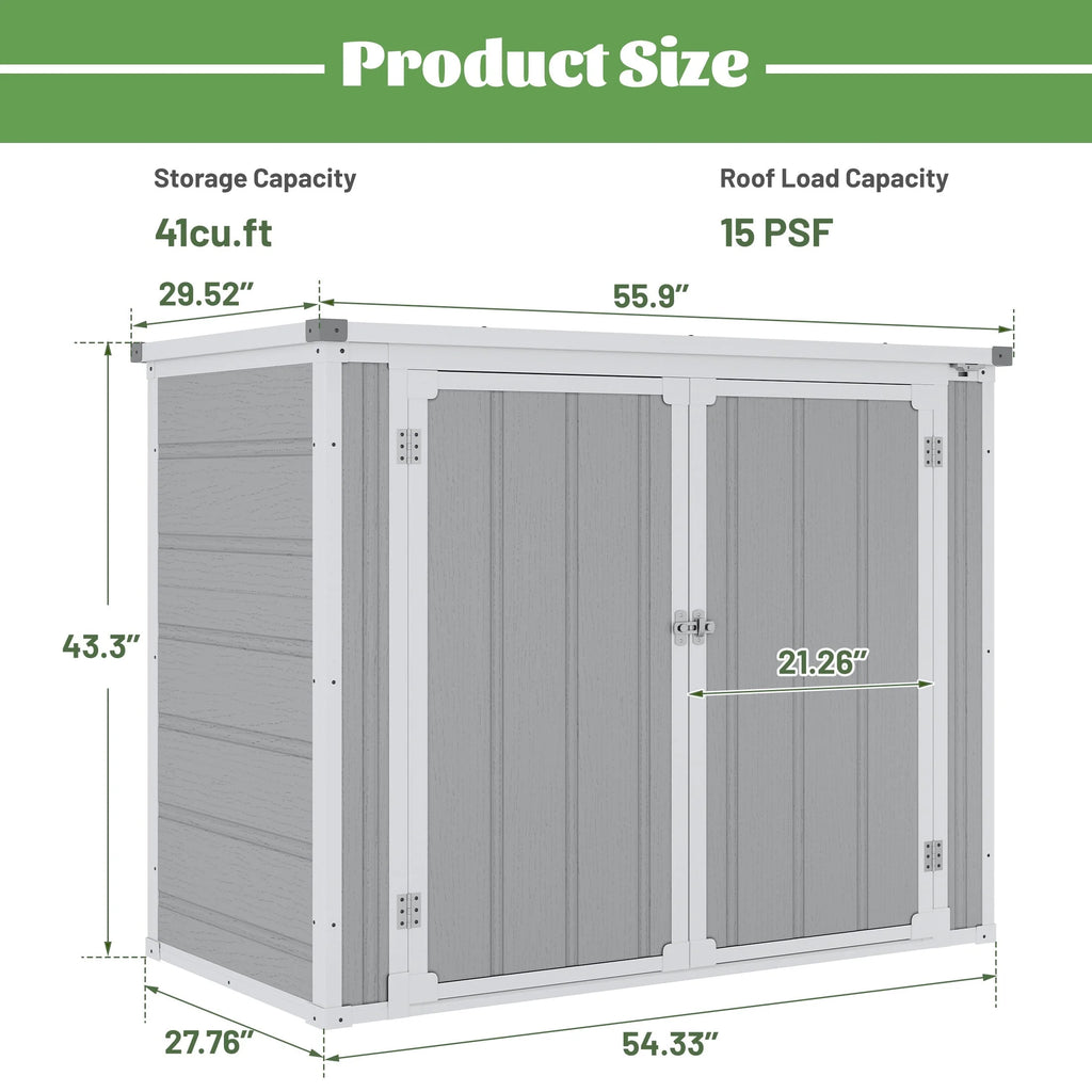 41 cu.ft Outdoor Shed, Horizontal All-Weather Resin Storage Shed, Resistant Tool Shed for Storage of Bike/Trash Cans/Garden Tools/Lawn Mowers, 55.9"L x 29.52"W x 43.3"H Gray