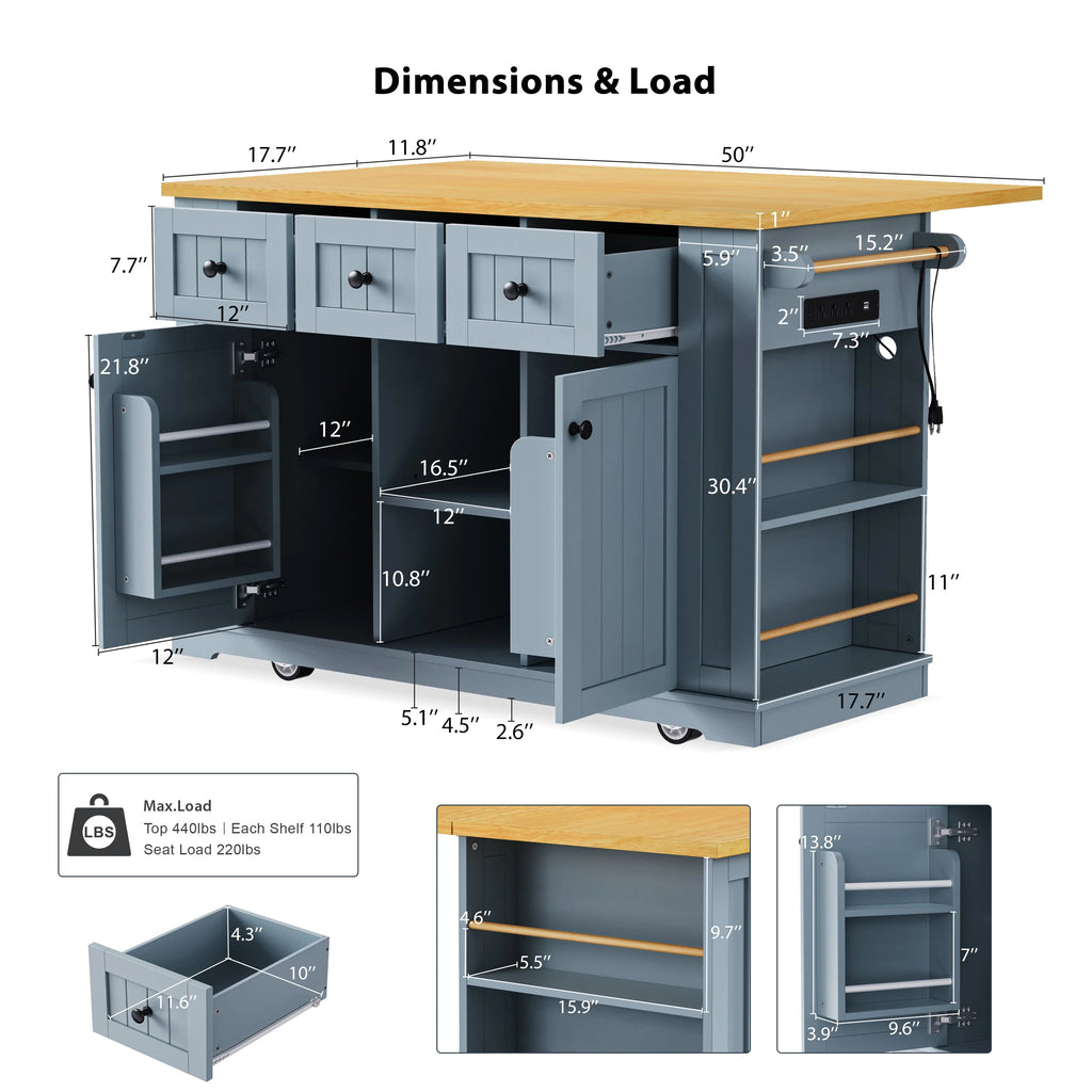 EUROCO 53" Large Kitchen Island with Drop Leaf,Kitchen Island Cart on 5 Wheels with Power Outlet,Door Internal Storage Rack and 5 Open Side Racks,Rolling Kitchen Table for Dining Room,Grey Blue