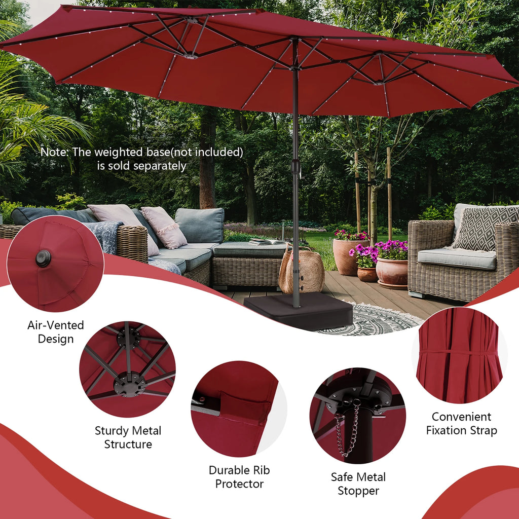 Costway 15FT Twin Patio Double-Sided Umbrella 48 Solar LED Lights Crank Outdoor Beige