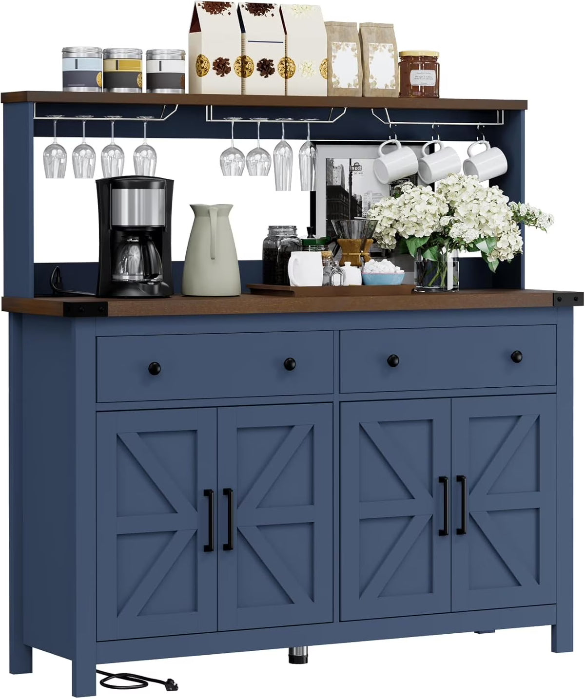 Winkalon Coffee Bar Cabinet with Hutch, 55" W Kitchen Buffet Sideboard Cabinet with 2 Drawers & USB Power Station, Black