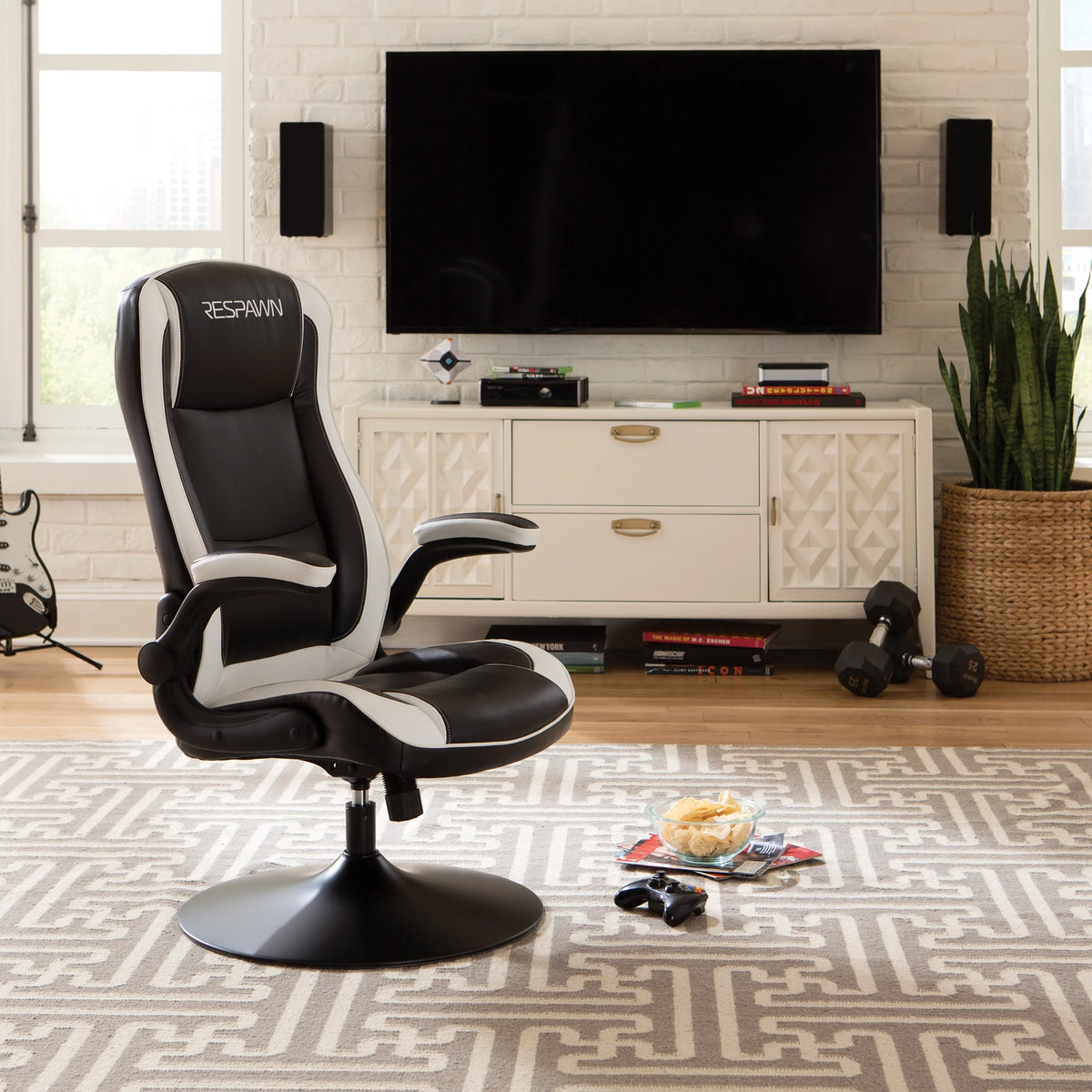 RESPAWN 800 Swivel Rocker Gaming Chair - Ergonomic Floor Gaming Seat with Lumbar Support, Flip Up Armrest, High Back, Pedestal Base, Comfortable No Wheels Console Video Game Rocker Chair - Red