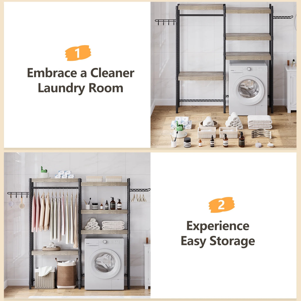 5 Tier Wood Over The Washer and Dryer Storage Shelf with Drying Clothes Racks Laundry Room Shelf Laundry Room Organization and Storage for Hanging Towels and Drying Clothes