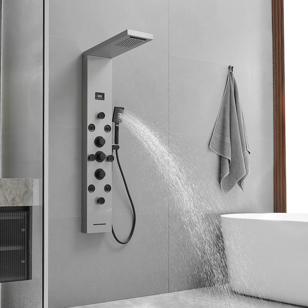 8-Jet Rainfall Shower Panel System with Rainfall Waterfall Shower Head and Shower Wand in chrome Nickel