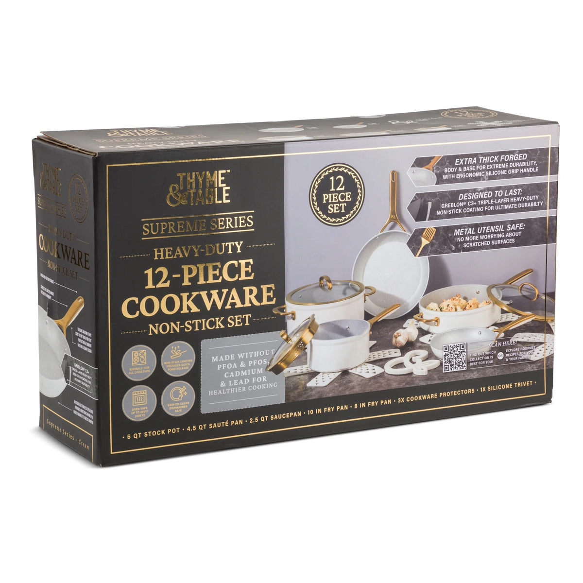Thyme & Table 12-Piece Non-Stick Supreme Cookware Set, Pots and Pans Set - Cream