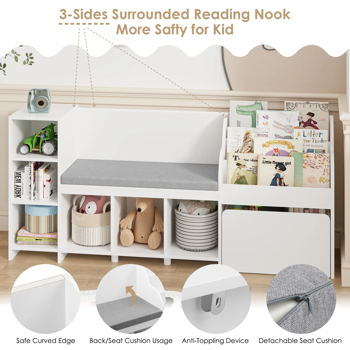 Homfa Kids Bookshelf with Reading Nook, 6 Shelf Bookcase with 1 Wood Toy Bin with 3 Tier Book Rack for Children Kidsroom