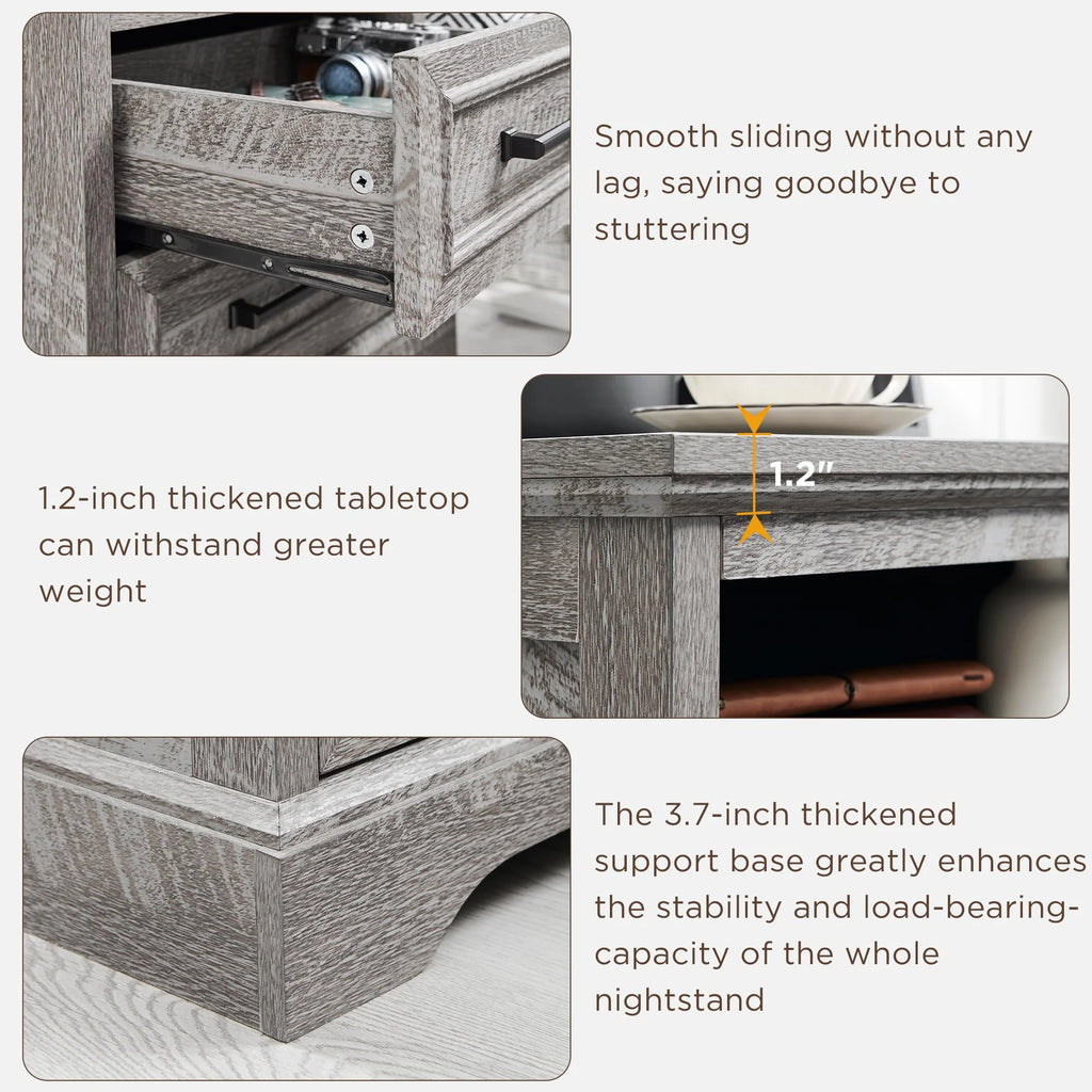 ACCOHOHO Nightstands Set of 2 with Charging Station, Rustic End Table with 2 Drawers Farmhouse Side Table with 3-tier Storage for Bedroom Living Room, White
