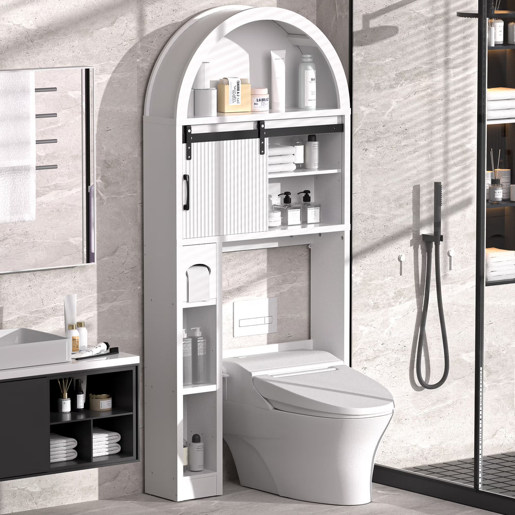 HARIPUL Over The Toilet Storage Cabinet w/ Unique Wood Grain & Arc Design, Freestanding Bathroom Shelf Organizer Space Saver w/ Doors & Anti-Tip Device, Wood Color