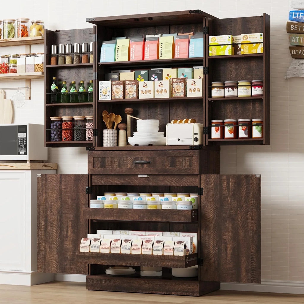 71" Tall Farmhouse Kitchen Pantry with 12 Side Shelves & Adjustable Shelves, 5 Layers Pantry Storage Cabinet w/Load-Bearing Steel Pipe & 4 Barn Doors for Kitchen, Dining Room, Living Room, Brown